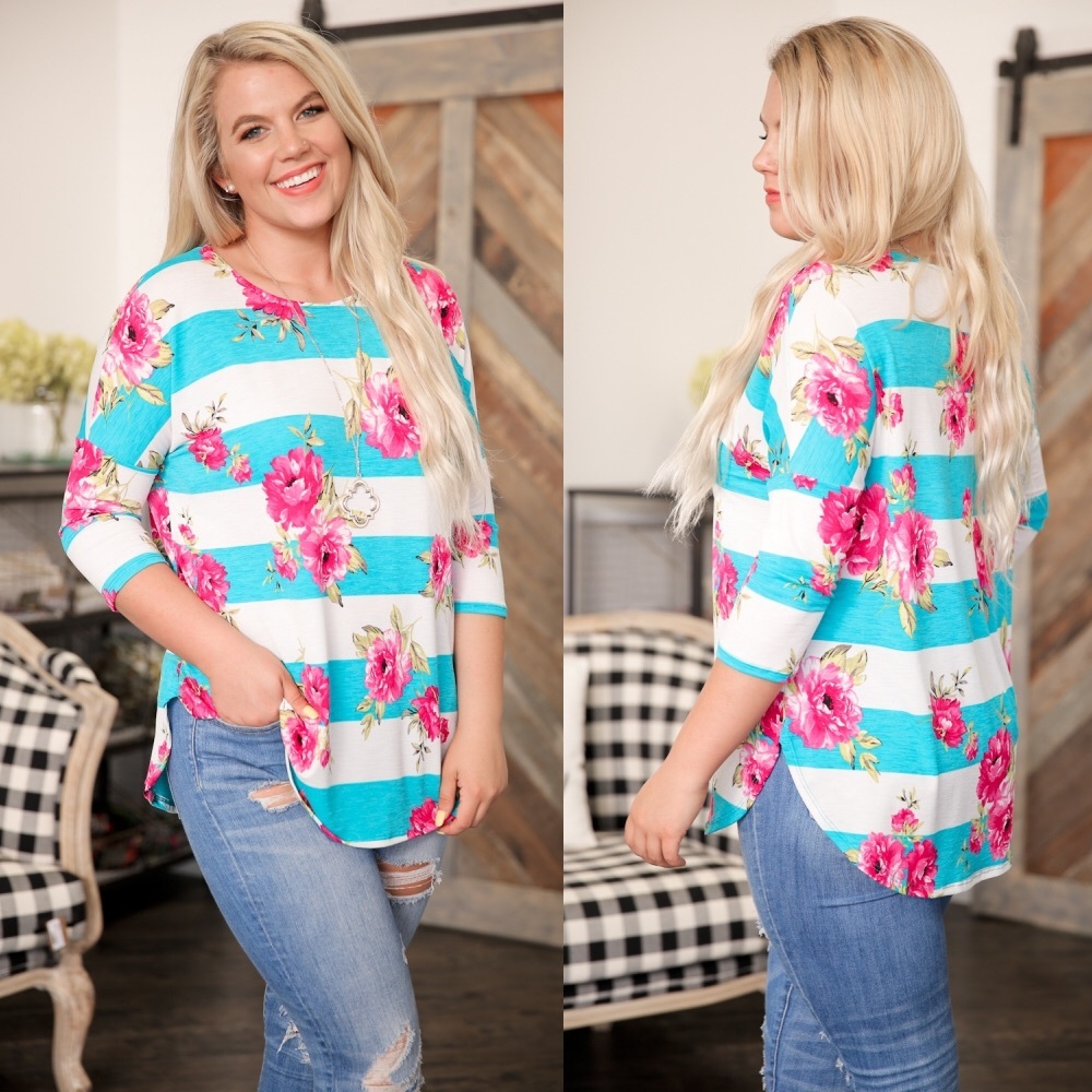 PLUS Turquoise and White Floral Striped Tunic - Picture 2 of 3